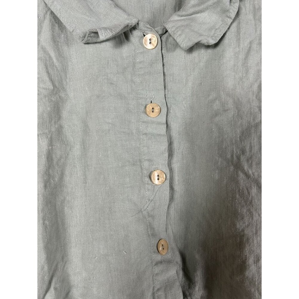 Christy Allen Womens Sage Green Linen Button-Down Blouse Large Short Sleeve Top View 2